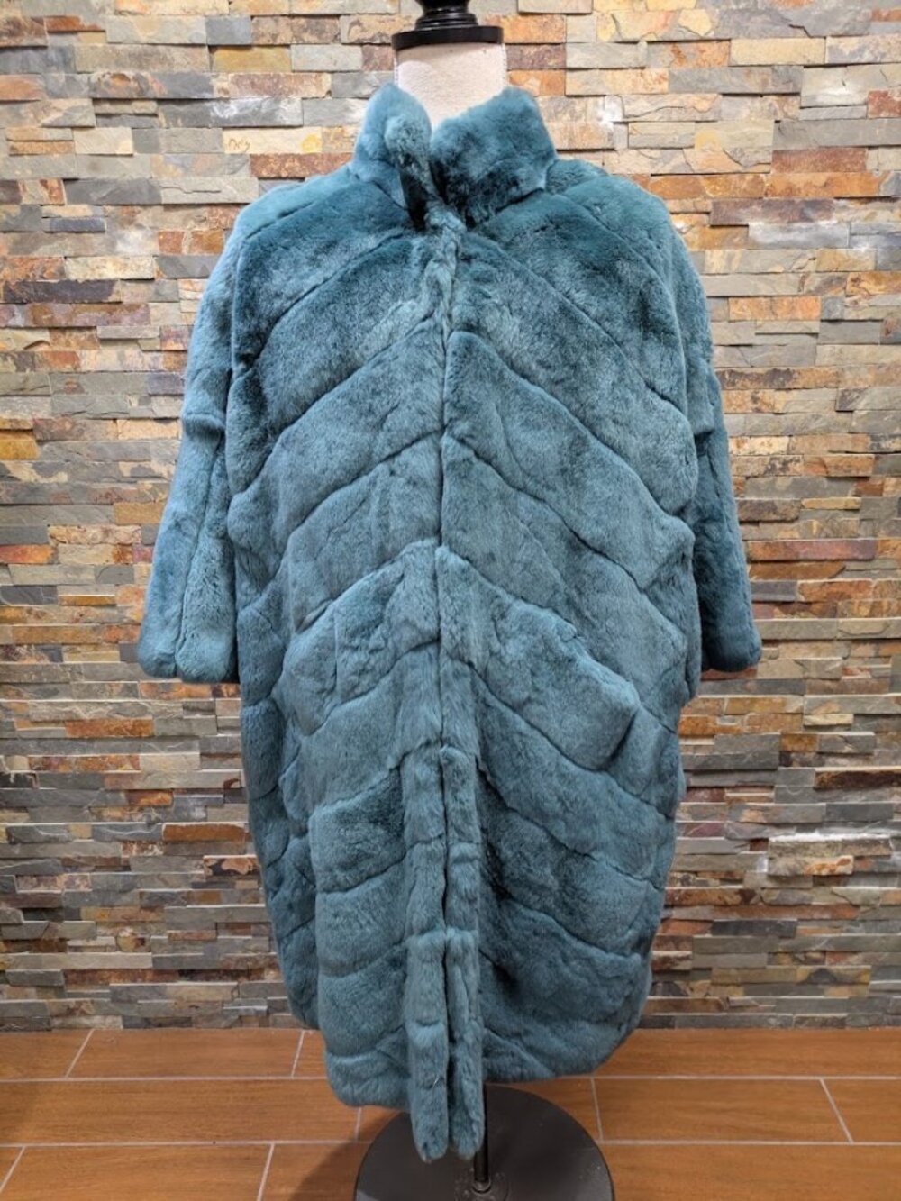 Teal Blue Green Dyed Real Rex Rabbit Fur Long Coat, Genuine Fur Coat XXL